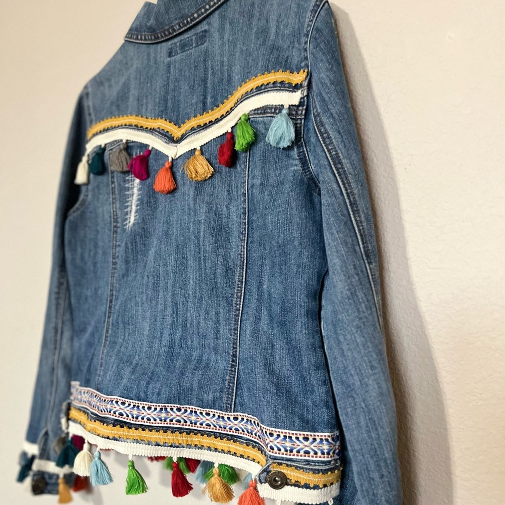 Upcycled denim jacket with trim and fringe! Size large. $50.